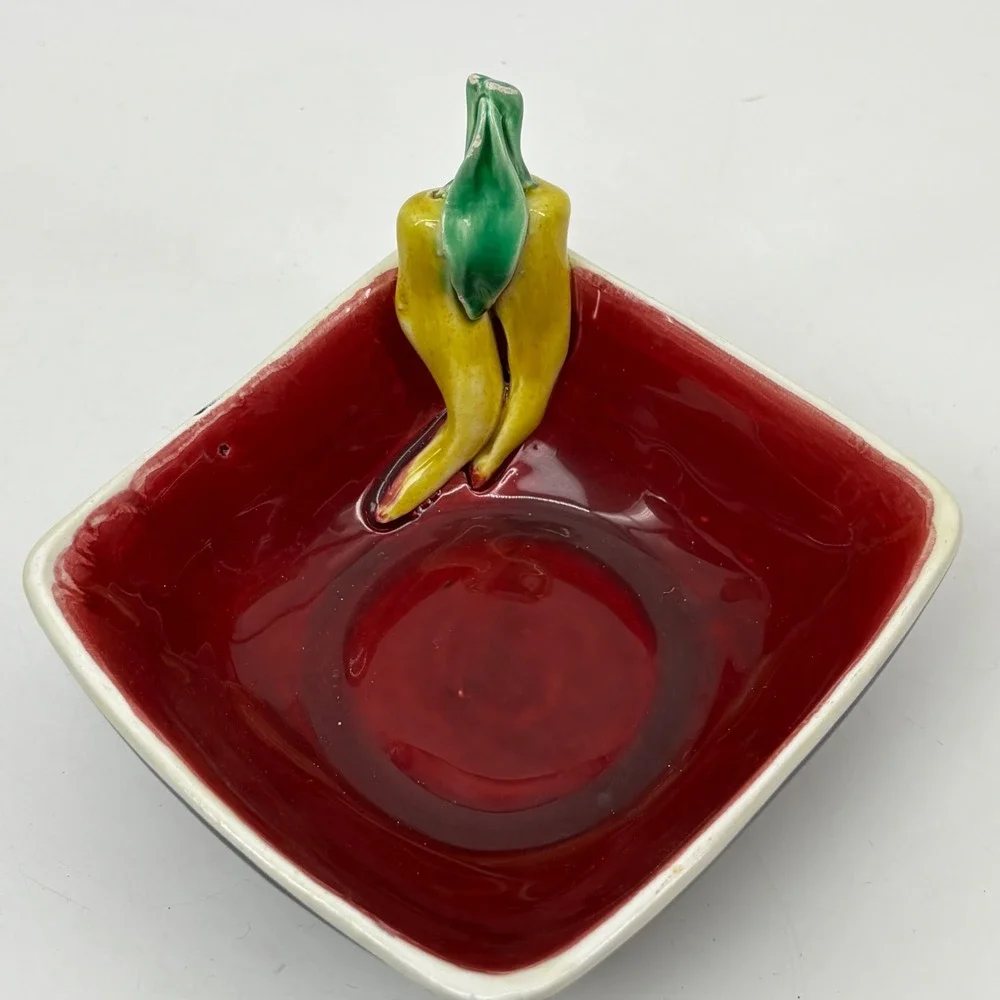 Vintage Italy Ceramic Chili Pepper Bowl Red Black Square Pottery Hand Painted